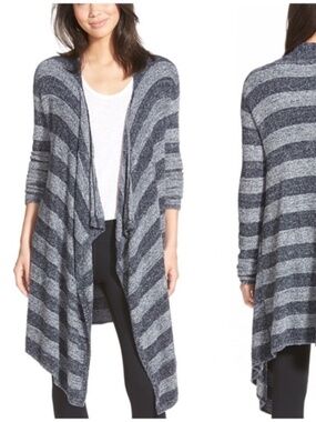 Barefoot Dreams CozyChic Island Wrap Cardigan S M Striped Marled Gray Blue